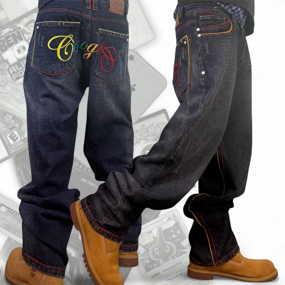 Coogi Vintage Y2K Baggy Wide Leg Skater Rainbow Embroidered Denim Jeans 34/33